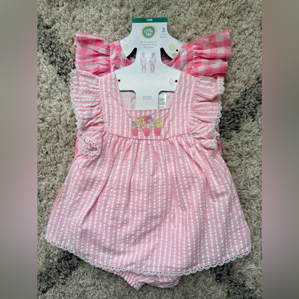 Pink Striped Baby Romper with Ruffles 3 Piece Set